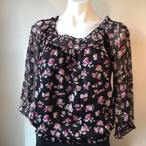 Elle Blouse, Pink Floral Print on Black Background